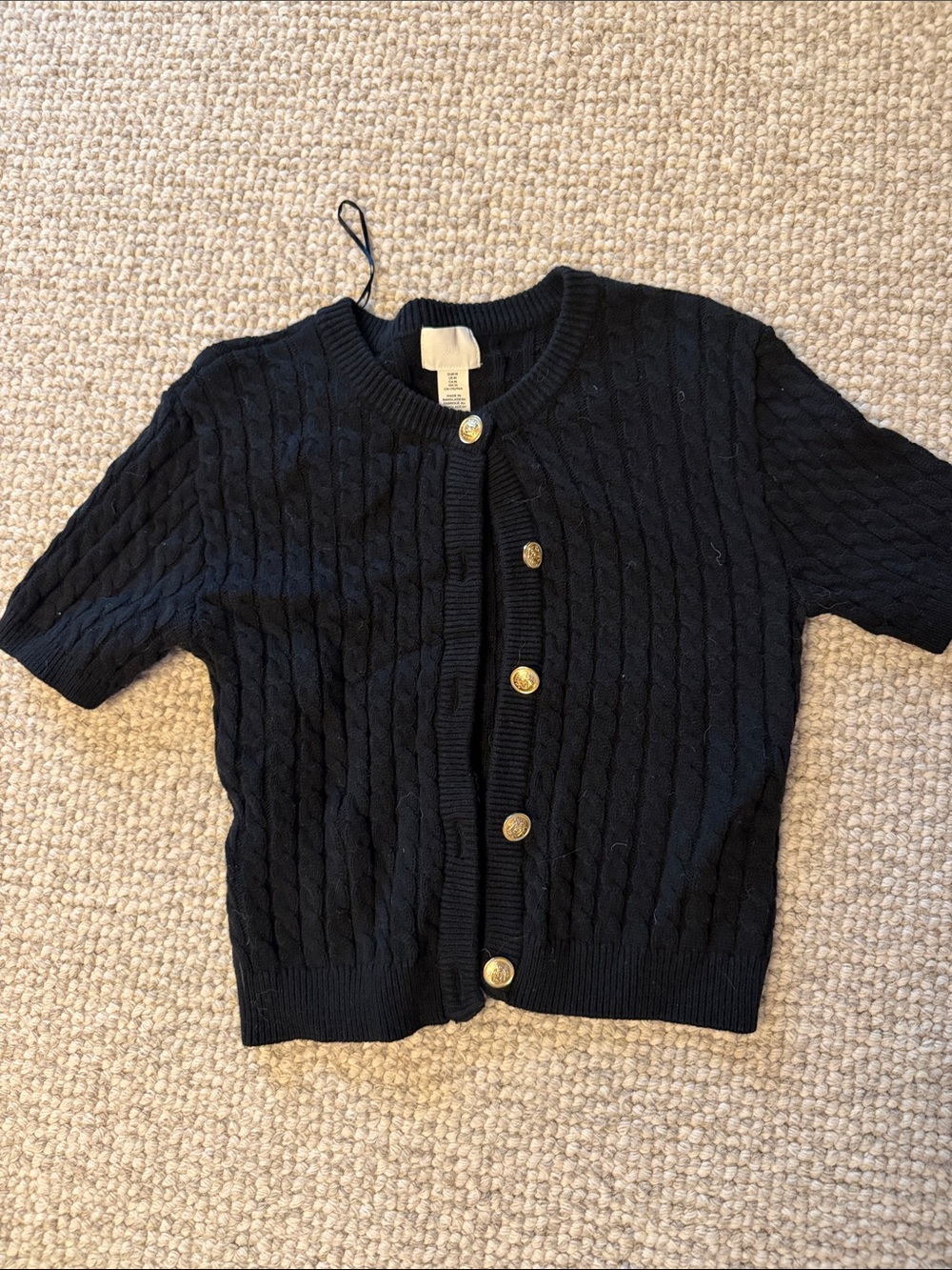 H&M Black Short-Sleeve Cable Knit Cardigan with Gold Buttons